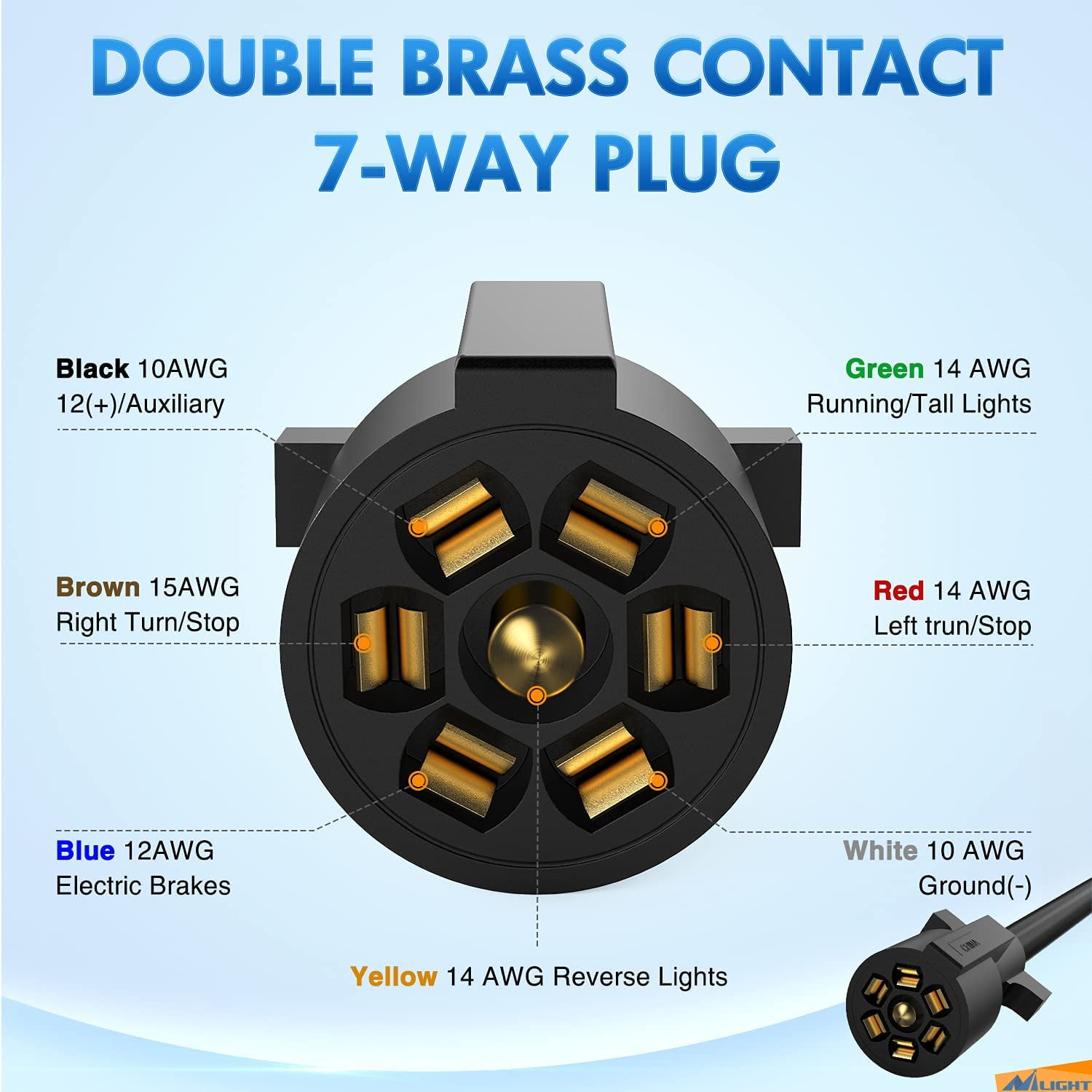 Nilight 7-Way Trailer Wiring Harness Extension Cable, 3FT, 10-14 AWG, Double-Prong Copper Terminals, 7-Blade Connector