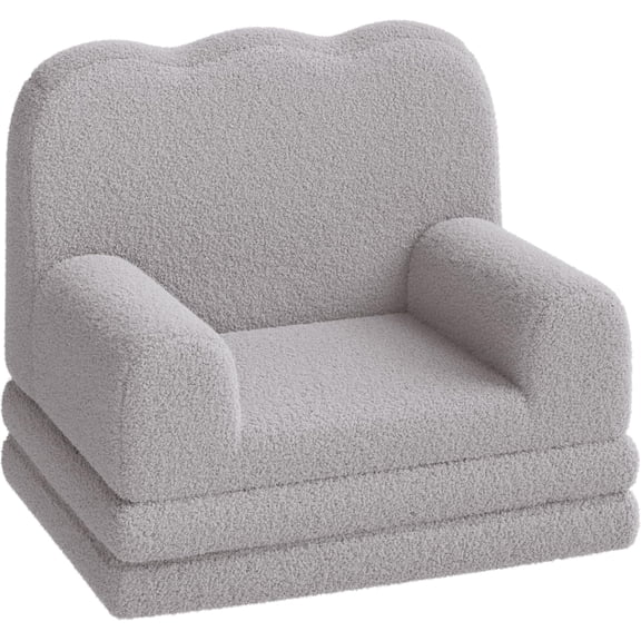 Kids Couch, 2-in-1 Convertible Teddy Fleece Fabric Toddler Sofa Chair, Soft Fold Out Couch Lounger for Kids, Comfy Children's Sofa Bed for Playroom, Nursery, Birthday Gift (Grey)