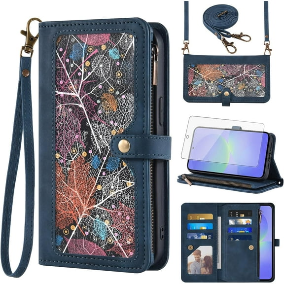 Asuwish Phone Case for Samsung Galaxy A36 5G Wallet Cover With Tempered Glass Screen Protector Crossbody Wrist Strap Flip Pattern Zipper Credit Card Holder Stand Cell A 36 36A LTE SM-A366U Women Blue