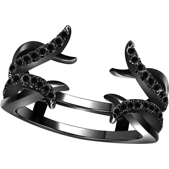 beryl_creation Black Gold Plated Silver Enhancer Simulated Black Diamond Ladies Anniversary Wedding Ring Guard Wrap Band-8