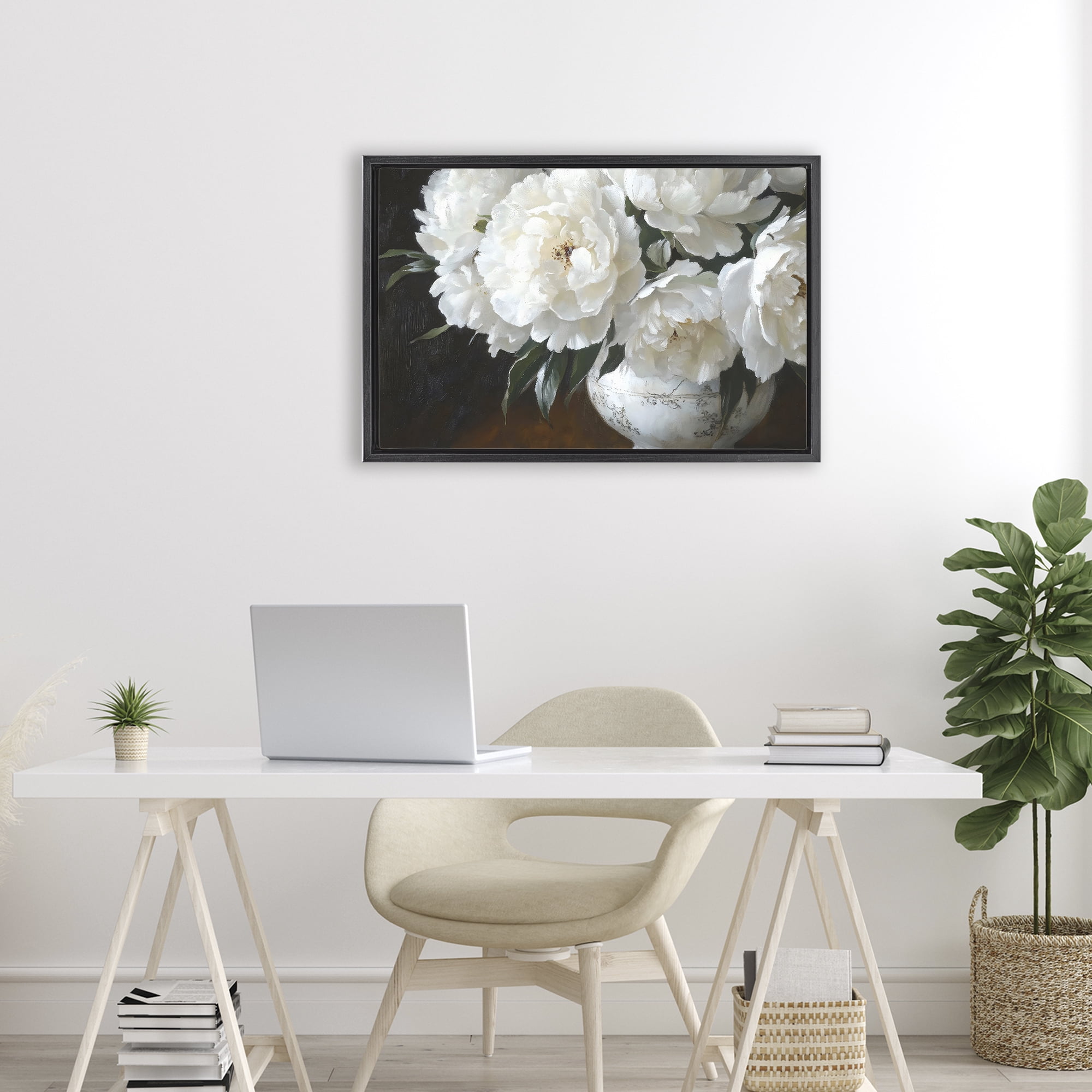 Stupell Industries White Flowers in Vintage Vase Black Framed Floater Canvas Wall Art, design by Petal Prints Design
