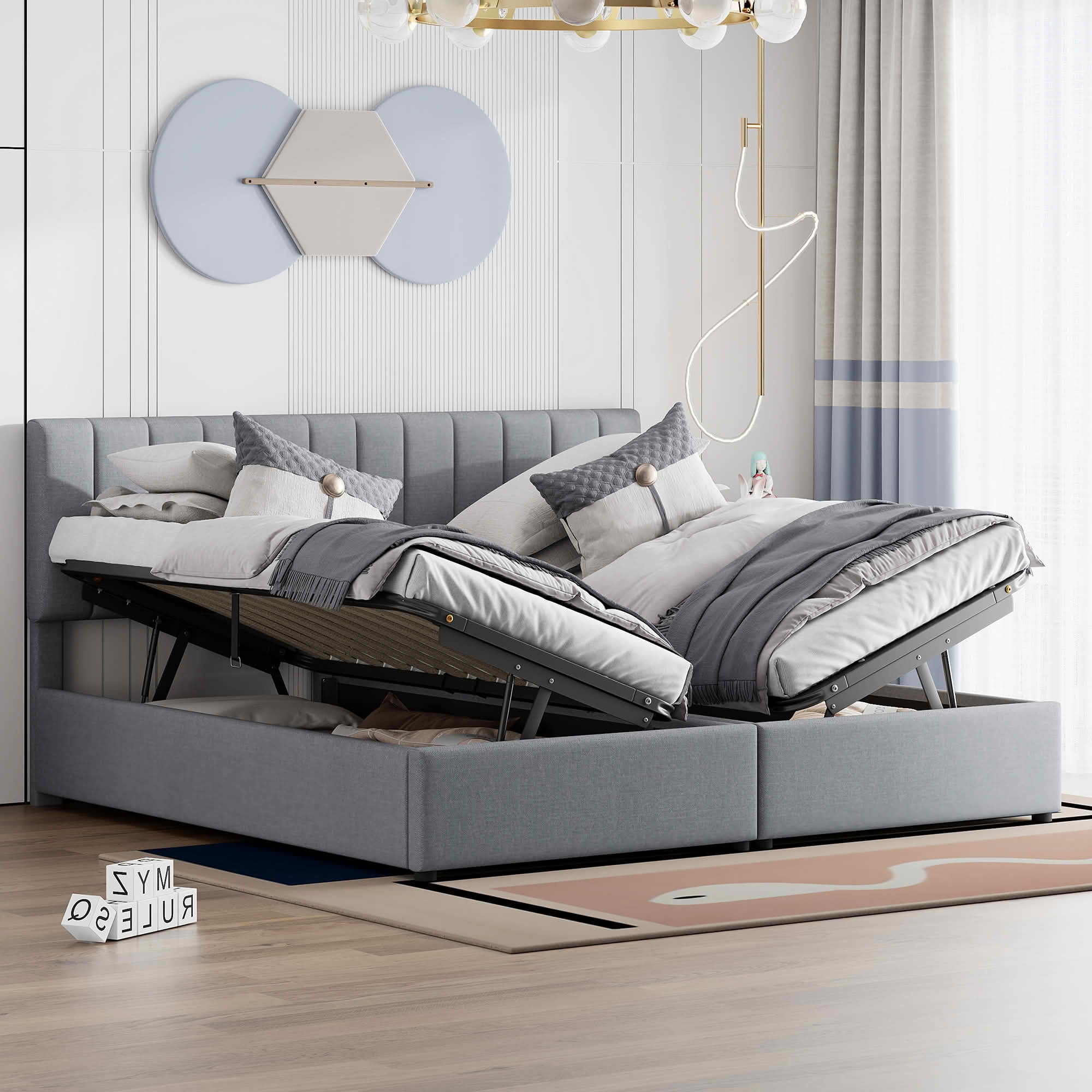 MAYEERTY King Size Upholstered Platform Bed with Vertical Stripe Headboard & Spacious Underbed Storage, Sturdy Frame