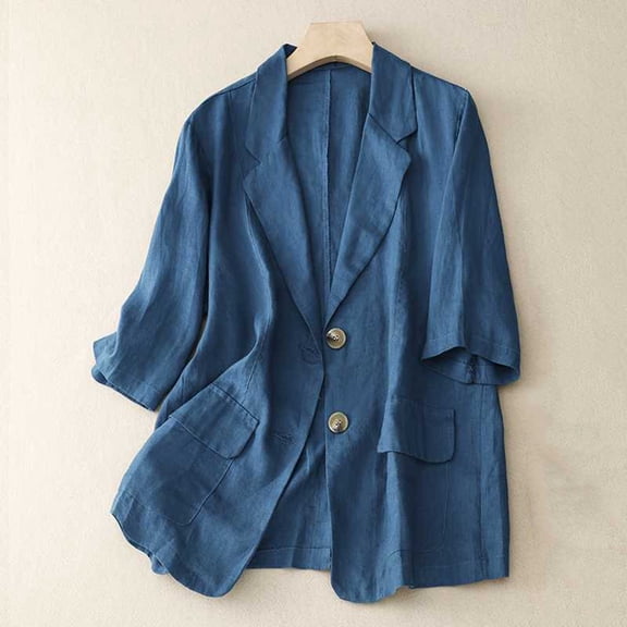 Yrmaups Casual Loose Fit Linen Button Down Jacket for Women, 3/4 Sleeve Collared Shirt, Lightweight Breathable Travel Office Daily Outfit, Blue XL
