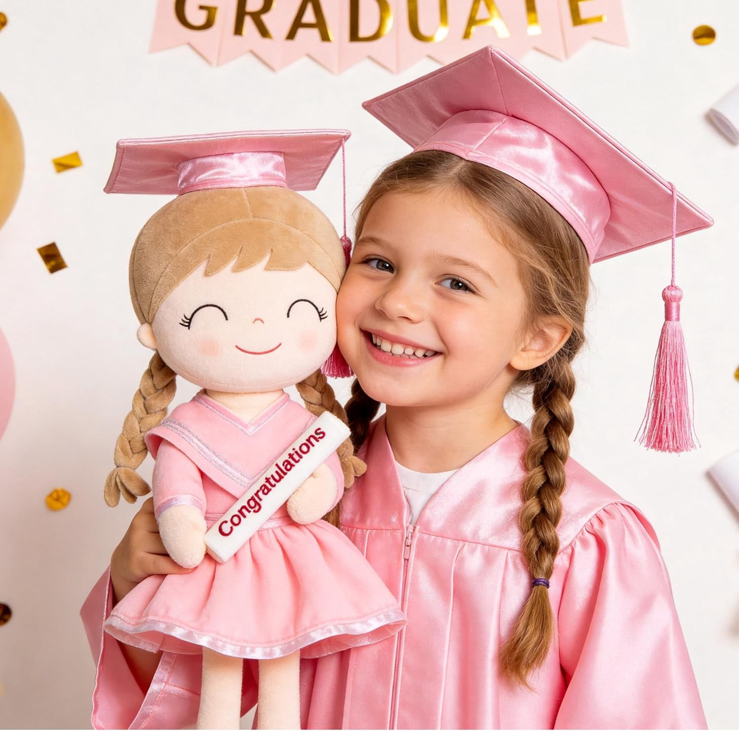 Gloveleya 16" Graduation Girl Doll - Pink Plush Toy with Cap & Gown - Preschool Kindergarten Graduation Gifts for Girls, Class of 2026 Milestone Keepsake