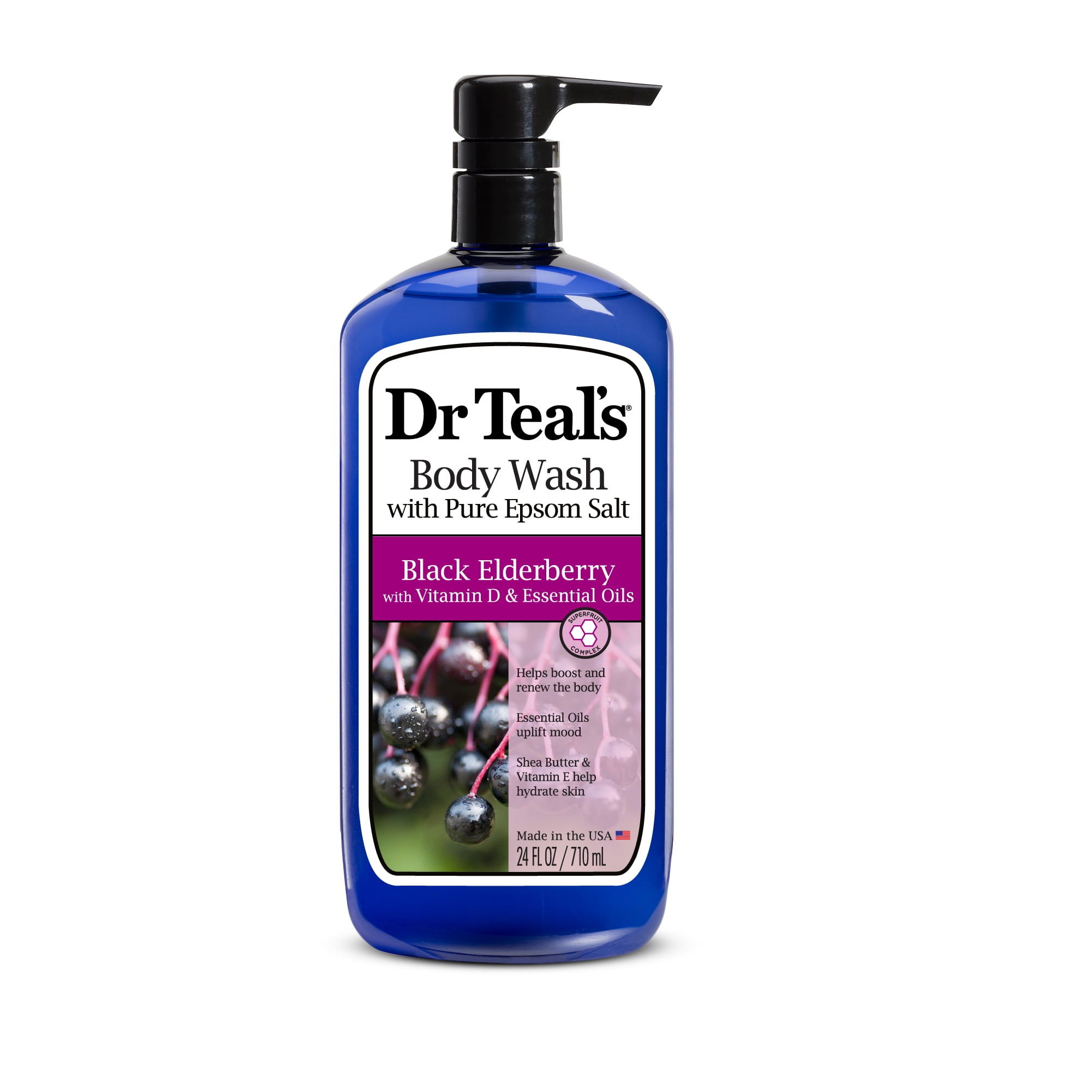 Dr Teal's Body Wash with Pure Epsom Salt, Black Elderberry with Vitamin D, 24 fl oz