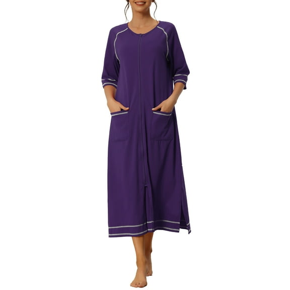 INSPIRE CHIC Women Zipper Robe Long Sleeve Loungewear Housecoat Midi Nightgown with Pockets L Purple