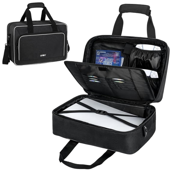 Carrying Case Compatible with PS5/PS5 Pro/PS4,17 Pockets Travel Storage Bag with Thick Padding Compatible with PS5 Digital Edition,Controller,Game Discs,Charger & Accessories,Black