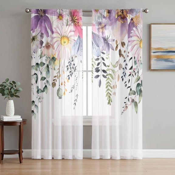 Wild Flowers Sheer Curtains 96 Inch Length 2 Panels Set Window Treatments, Farmhouse Country Floral Leaf Plant Rod Pocket Semi Curtains for Living Room/Bedroom/Kitchen Décor, 104"W x 96"L