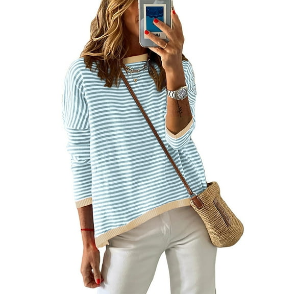 FLMEI Womens Long Sleeve Knit Tops Casual Sweaters Women's Crewneck Striped Pullover Shirts Spring Fall Loose Versatile Knitted Shirts XS-XXL