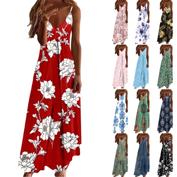 Tqyyweavej Women's Plus Summer Maxi Dress Floral Flowy Deep V Neck Cami Dress Oversized A Line Spaghetti Strap Dress for Beach Party