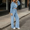 thumbnail image 6 of Women's Zip Up Cropped Jacket 2 Piece Loungewear Soft Velour Top Wide Leg Pants Sets with Pockets Loose Casual Tracksuit Y2K Streetwear Sky Blue, 6 of 7
