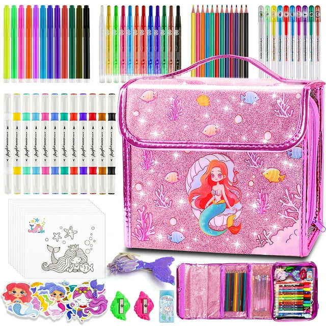 Set de colorear DUOROUBAO Mermaid para niñas con estuche para lápices, 98 unidades