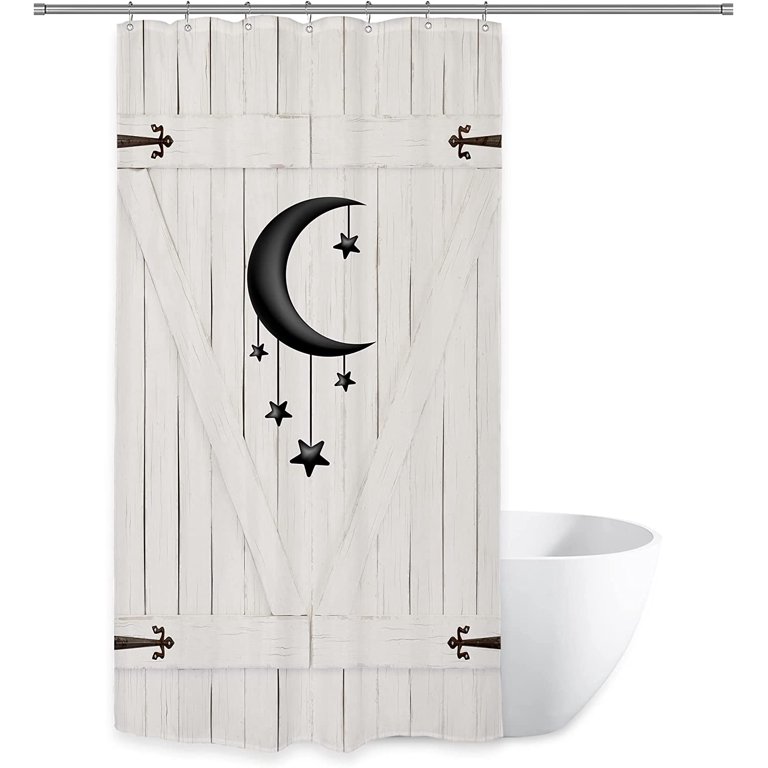 Country Barn Door Stall Shower Curtain 36Wx72H Inch Farmhouse Rustic White Wooden  Wood Vintage Moon Star Travel Trailer Camping Theme Bathroom Decor Fabric  Polyester Waterproof 7 Pack Hooks 