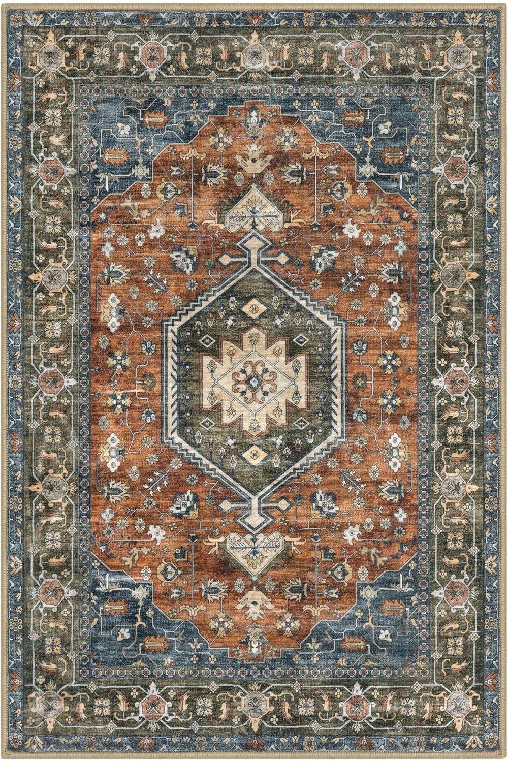 GLATTICE Washable Rugs 3x5 Brick Red Area Rugs Vintage Floral Rug for Living Room Non-Slip Kitchen Rugs Soft Printed Distressed Entry Rug Low-Pile Throw Rug Carpet for Entryway Bedroom