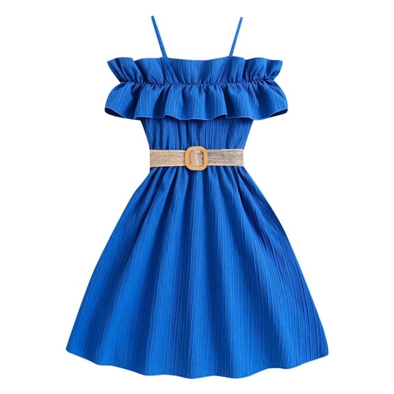 Sngxgn Girls Long Sleeve Dress Crewneck Flowy A-Line Dress Casual(Blue,8Y)