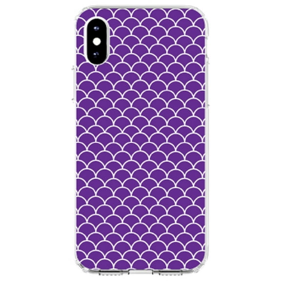 DistinctInk Clear Shockproof Hybrid Case for iPhone XR (6.1" Screen) - TPU Bumper, Acrylic Back, Tempered Glass Screen Protector - Purple White Scalloped Pattern