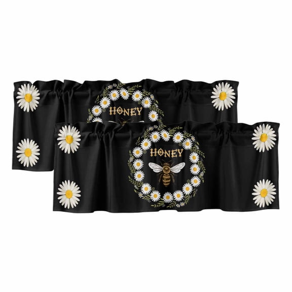 Black Daisy Bees Curtain Valances for Windows, Kitchen Valance Window Treatments Panel 2 Pack, Spring Farmhouse Honey Floral Rings Rod Pocket Short Curtains for Bathroom Bedroom 42 x 12 Inch