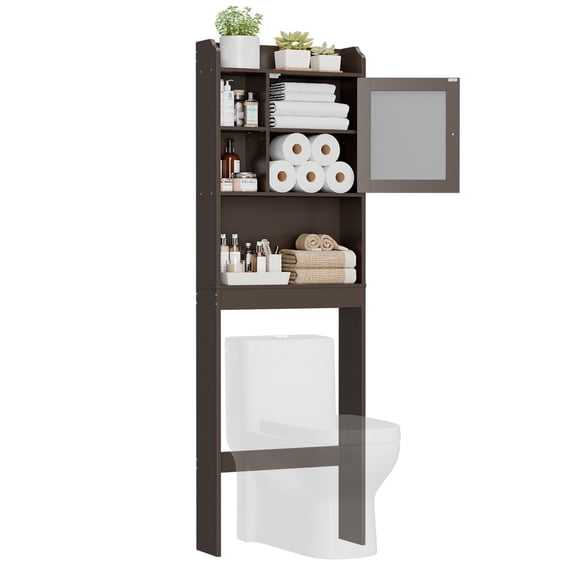 HOWEN Wood Over-The-Toilet Bathroom Storage Cabinet, Organizer with Adjustable Shelf in Brown, Space-Saving Shelf for Bathroom Essentials & Towels