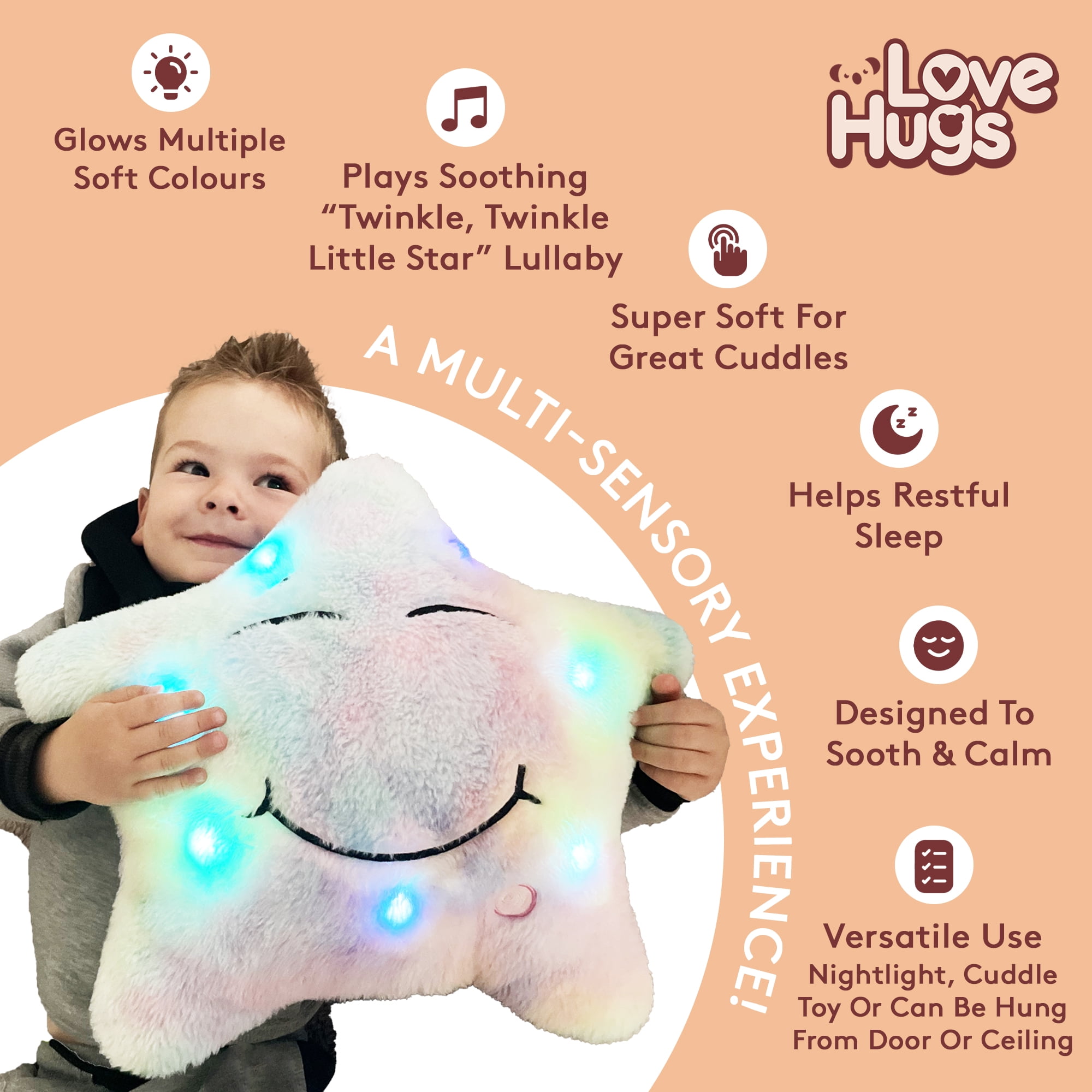 LoveHugs Musical Star Pillow Light up Toy. Sensory Toys for Autistic Kids. Ages 3+