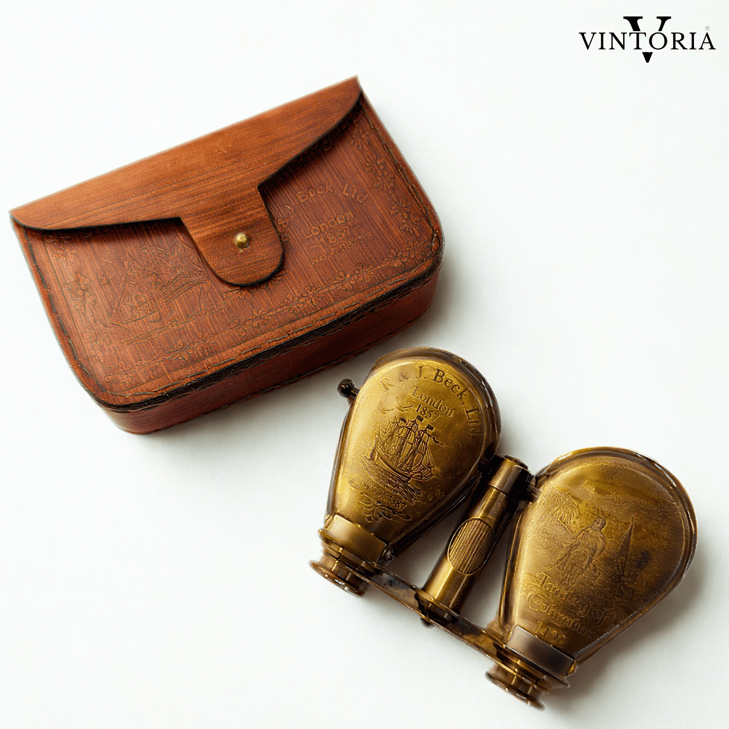 Brass Binoculars with Leather Case Columbus Engraved