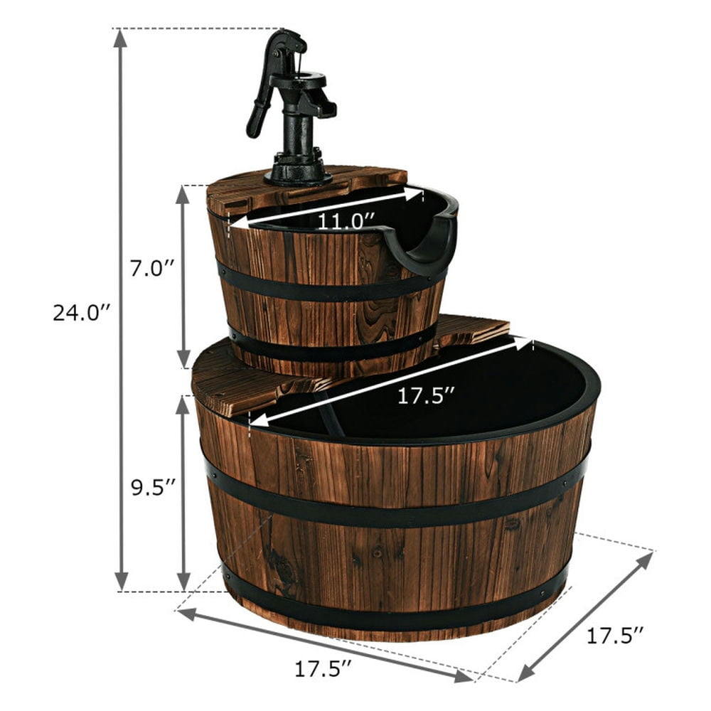Spaco 2-Tier Wooden Barrel Waterfall Fountain with Metal Pump, Fountain of 3 Gallons Storage Capacity, Lightweight Two Barrel Waterfall Fountain for Outdoor, Brown