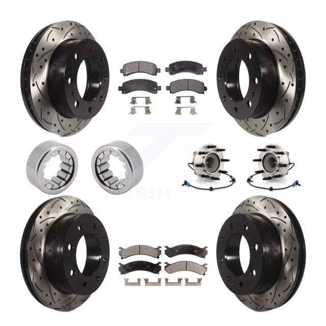 Transit Auto Front Rear Hub Bearing Assembly Coated Disc Brake Rotor and Ceramic Pad Shoe Kit (10Pc) for Car Chevrolet Express 2500 GMC Savana with 9-1/2" Ring Gear 6.0L/4.8L - (Left Right) KBB-111383