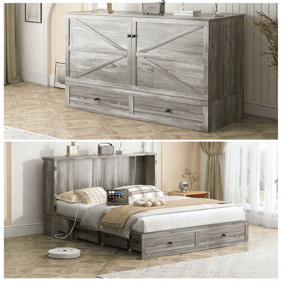 Puremind Queen Size Murphy Bed with Mattress, Murphy Cube Cabinet Bed with USB Charging Station and Large Storage Drawer, Murphy Chest Bed for Guest Room/Home/Office, Gray