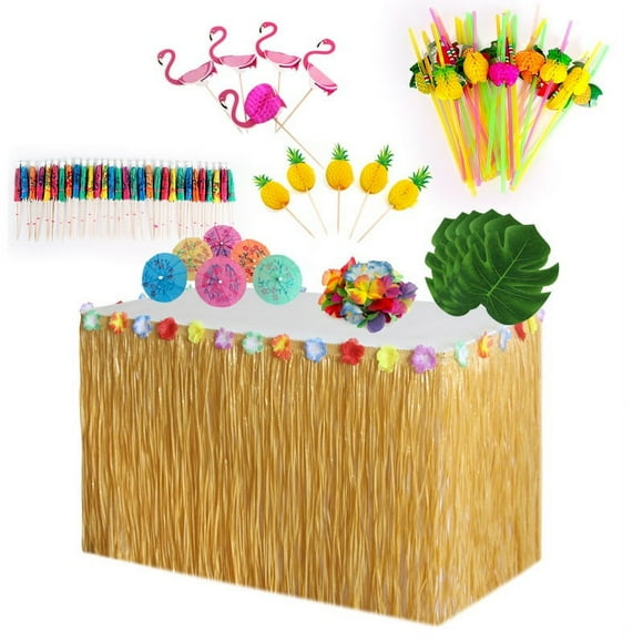 Hawaiian Table Skirt with Colorful Fake Flower Self-Adhesive Tropical Style Table Grass Skirt