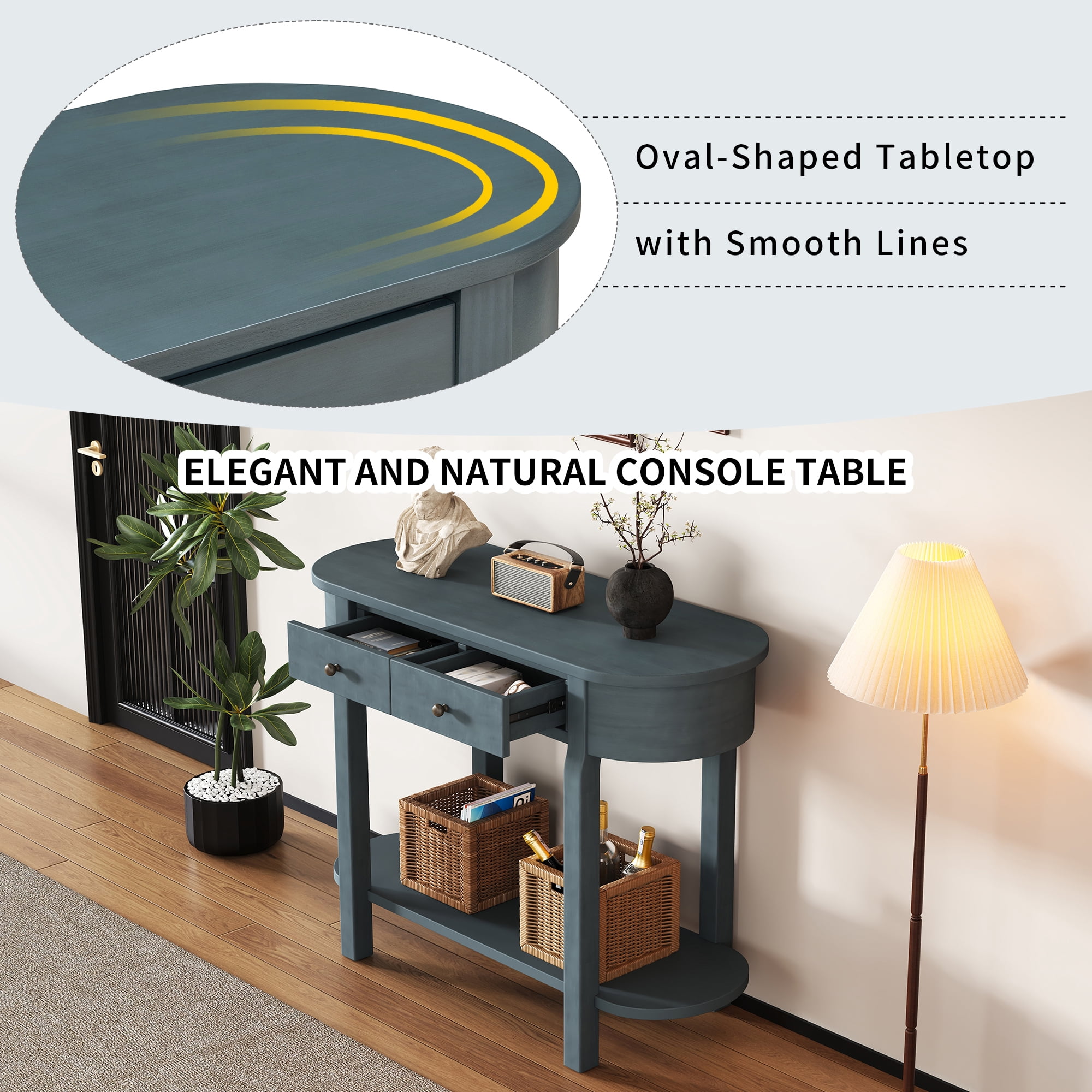 EUROCO 40" Narrow Console Table,Retro Entryway Table with Open Storage Shelf, 2 Drawers and Corner-Curved Design,Sofa Table Behind Couch for Entryway, Hallway and Living Room,Navy
