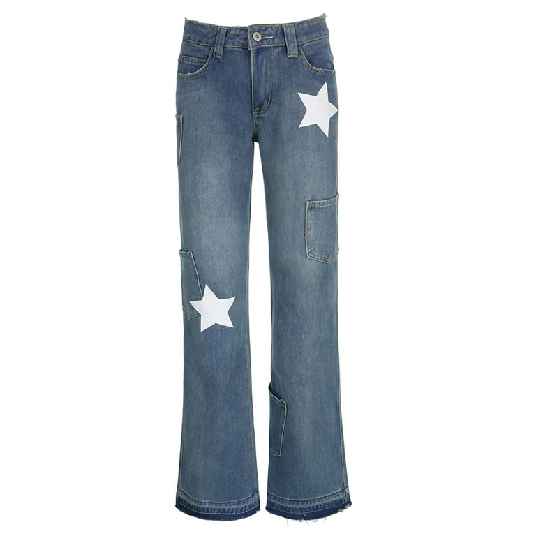 Star Print Denim Jeans, Blue Star Print Jeans, Baggy Pants Y2k Star