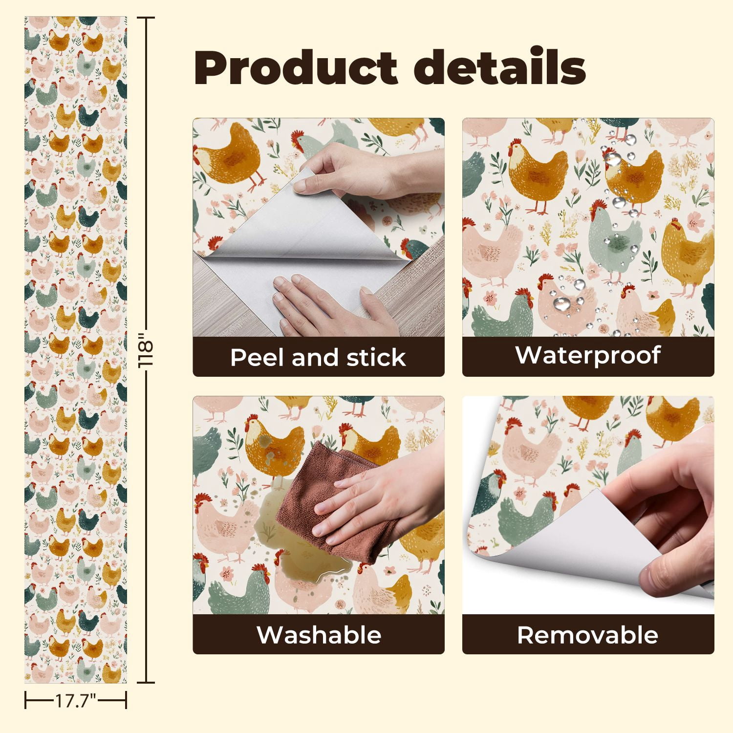 Chicken Peel and Stick Wallpaper Whimsical Hand Drawn Chicken Floral Accents Wall Mural 17.7in x 9.8ft Self Adhesive Removable Wall Paper Renter Friendly Wallpaper for Nursery Bedroom Cabinets