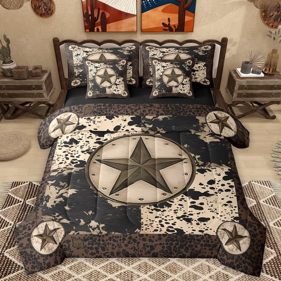 Homewish Vintage Texas Stars Twin Bedding Sets 7-Piece, Fashion Leopard Cheetah Print Bedding Comforter Set, Bohemian Rustic Reversible Sheet Sets, Luxury Bedroom Decor