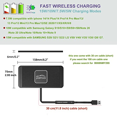 Saluqifa Wireless Charger Car Charging pad, 15W Fast Wireless Phone Charger Non Slip Cell Phone Flat Charging mat Compatible with iPhone 11/12/12/14/15 Galaxy S21/S22/S23/24 NOTE10 (30cm Cable)(C2Y)