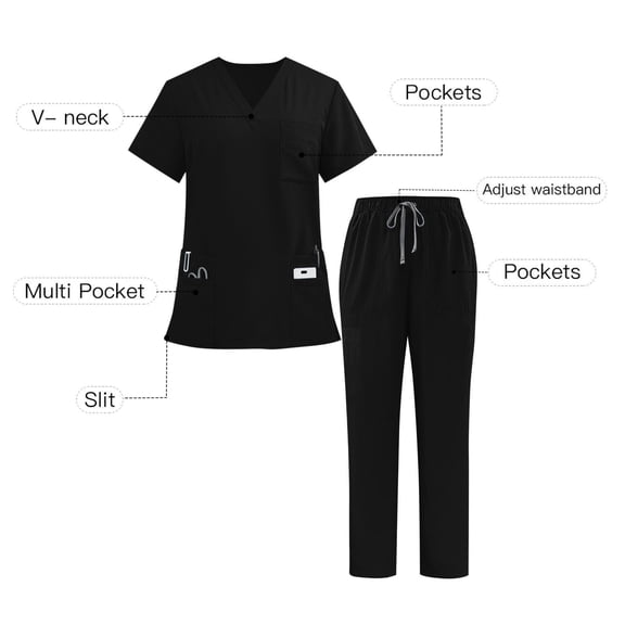 Xfvqtps Scrubs Set for Women V-Neck Stretch Scrub Top and Elastic Waist Jogger Pants with Multi-Pocket Anti Wrinkle Soft Nursing Uniform Set Short Sleeve Working Uniform Set Black