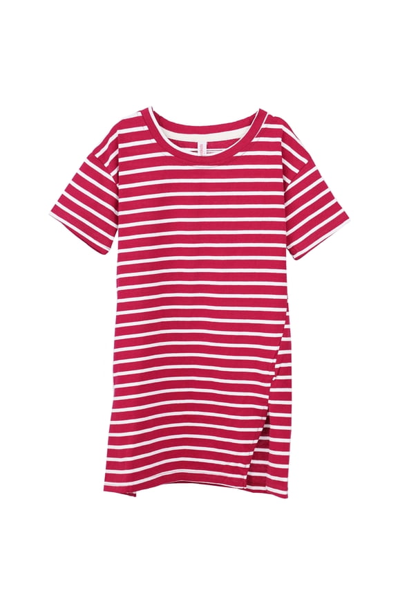 Toddler Girls Summer Stripe Short Sleeve Asymmetrical T-Shirt Dress Burgundy Red 4-5 Years