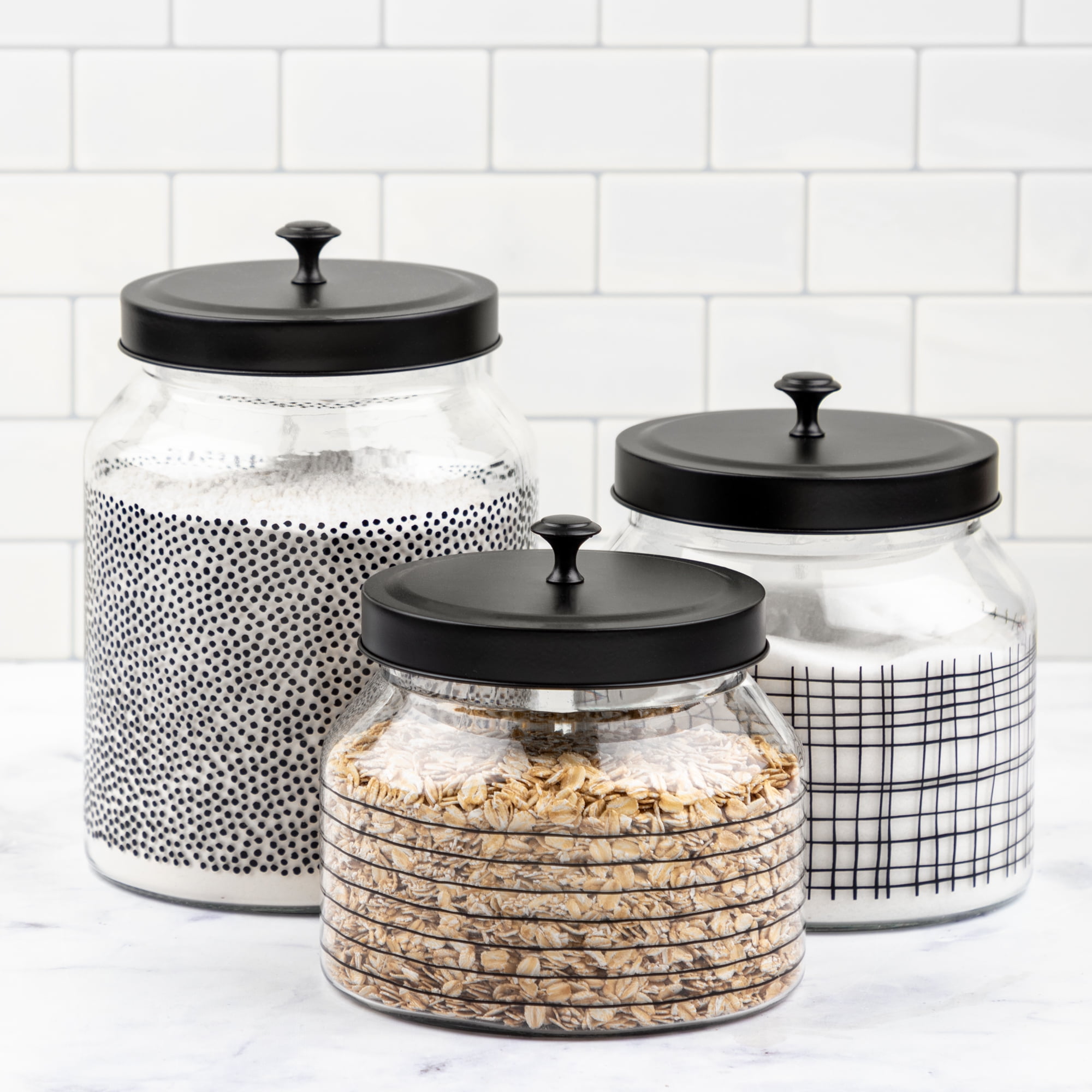 Thyme & Table 3-Piece Geometric Glass Food Storage Jars with Matte Black Lids