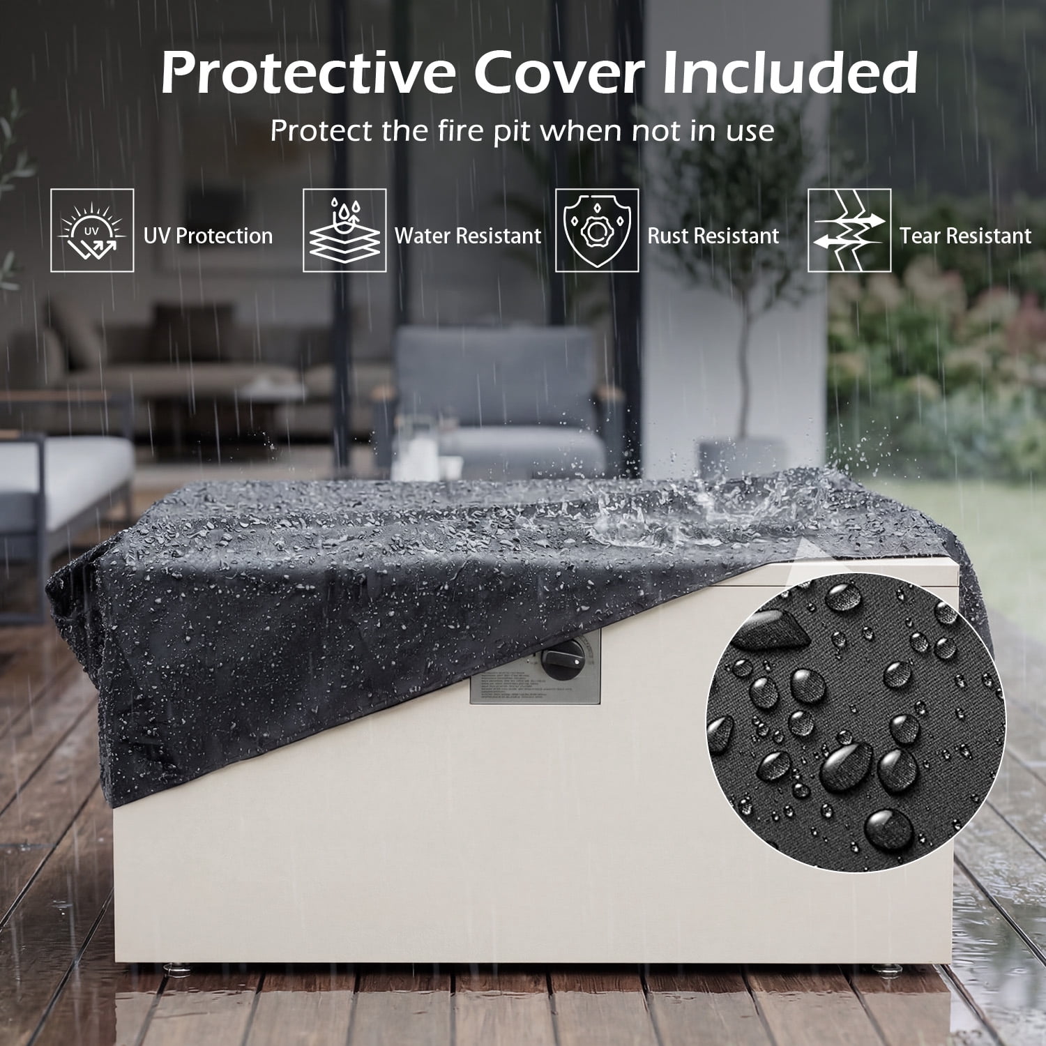 Danrelax 2-Piece 32" Square Propane Fire Pit Table with Tank Holder, 50,000 BTU Outdoor Gas Fire Pit with Lid, Lava Rocks and Weather-Resistant Cover, White