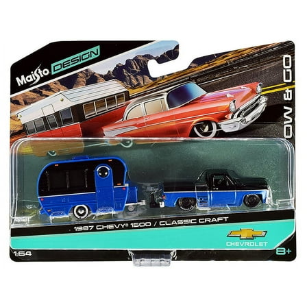 Diecast 1987 Chevrolet 1500 Pickup Truck with Bed Cover and Classic Craft Travel Trailer Black and Blue Metallic "Tow & Go" Series 1/64 Diecast Models From Maisto