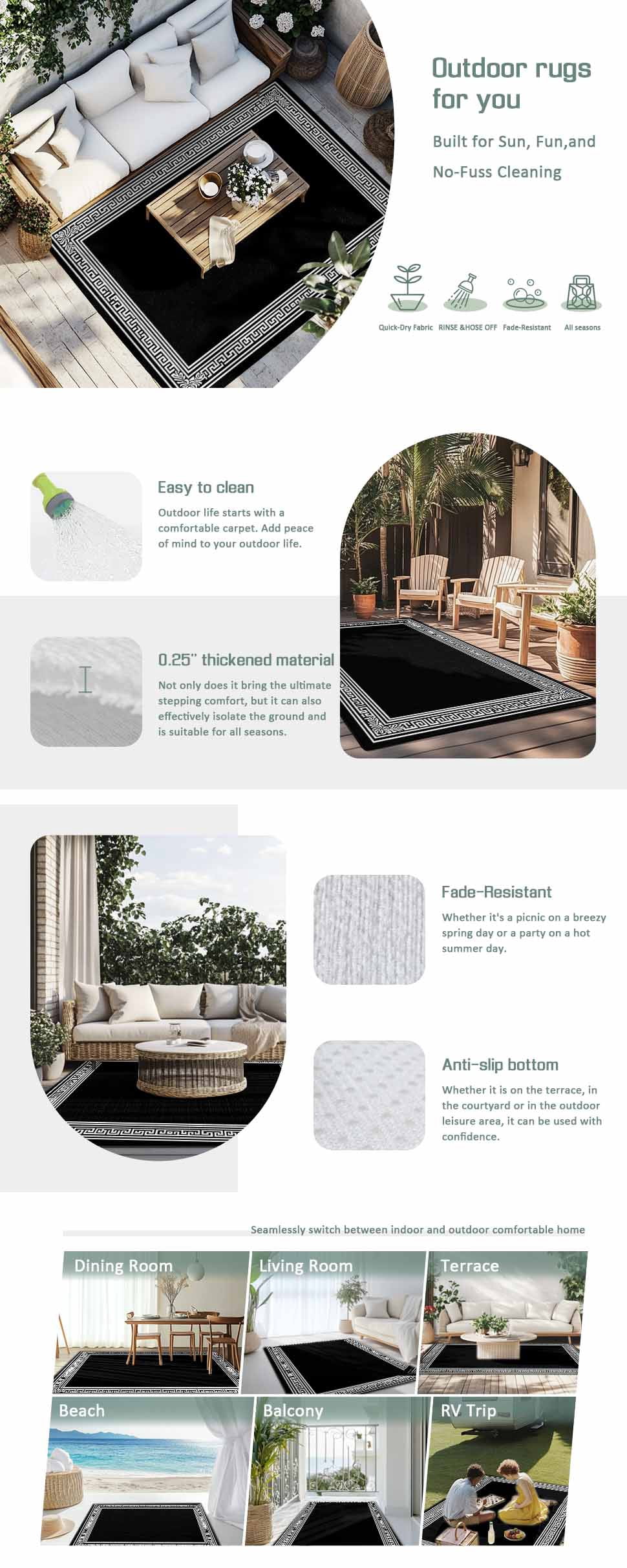 Black Geometric Outdoor Rug 5x8 Ft - Reversible Patio Rug Outdoor Camping Rugs, Country Farm Traditional Chinese Tile Washable Indoor Outdoor Area Rugs, Non-Slip Outdoor Carpet Runner for Deck/Porch