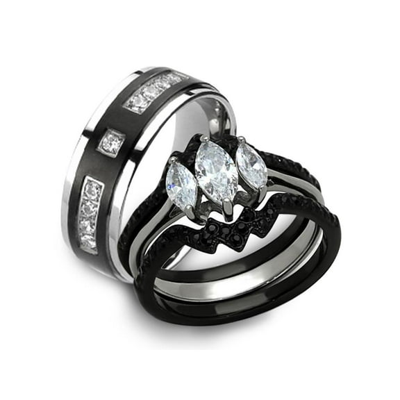 His and Her 4pc Black and Silver Stainless Steel and Titanium Wedding Ring Band Set Size Women's 10 Men's 05