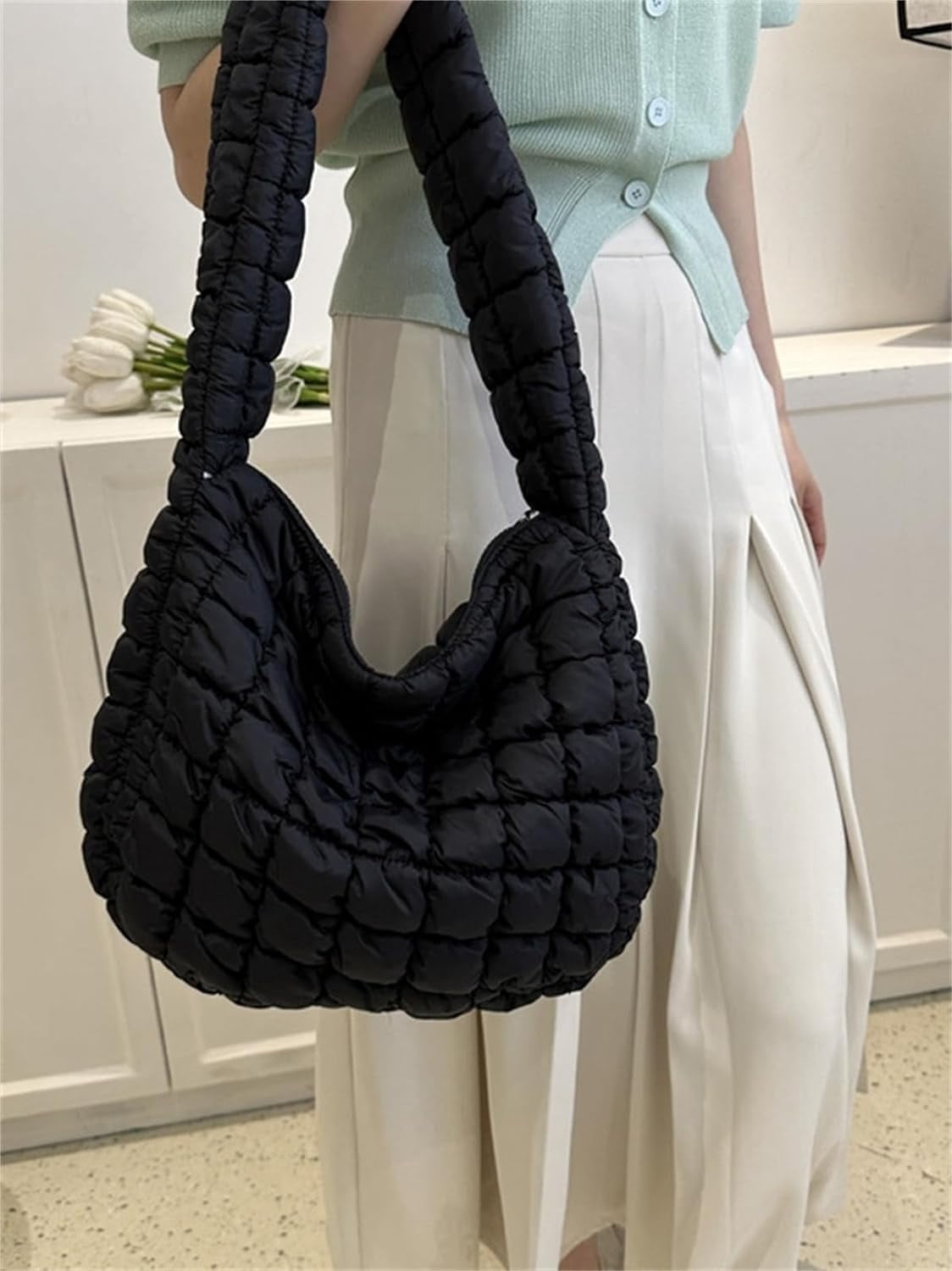 Kukuzhu Puffer Tote Bag Women Quilted Large Shoulder Bags Puffy Bubble Hobo Pleated Purse Nylon Padding Cloud Crossbody Bag 2023