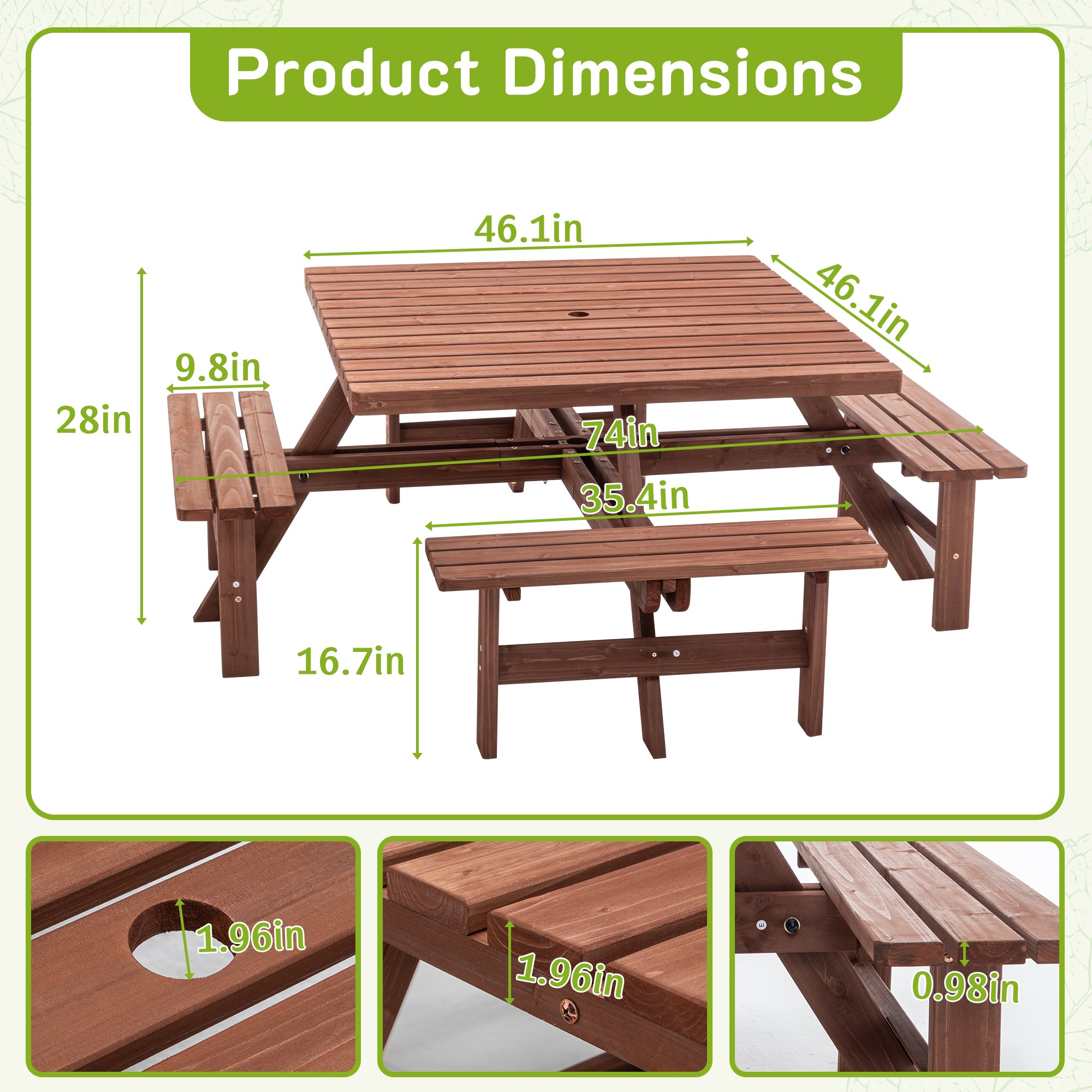 DEALTOPS 8-Person Solid Wood Square Picnic Table Set with Umbrella Hole & 4 Built-in Benches for Patio