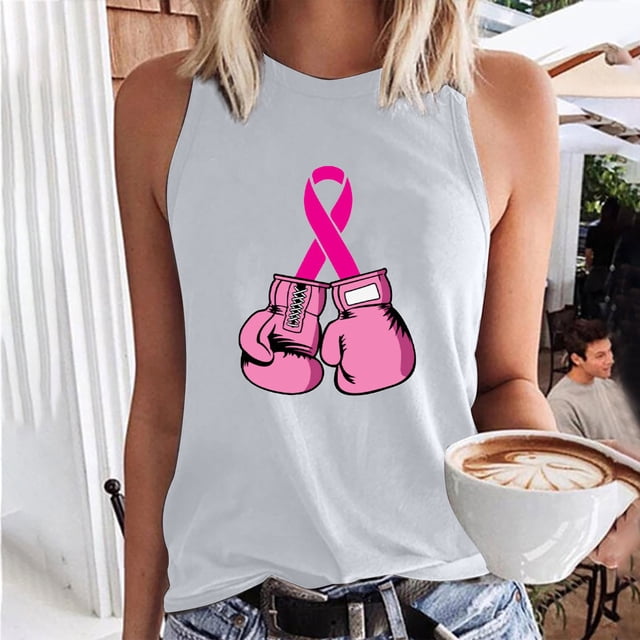 TIMIFIS Breast Cancer Ribbon Women's Racerback Tank Casual Sleeveless Printed Ladies Round Neck Blouses Tops T-Shirt - Fall/Winter