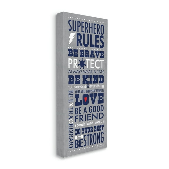 The Kids Room By Stupell Grey and Navy Superhero Rules Typography Canvas Wall Art, 13 x 30