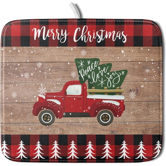 Christmas Dish Drying Mat 16 x 18 Inch with Hanging Loop High Absorbent Reversible Microfiber Red Truck Buffalo Check Plaid Dish Mat Dish Drying Pad Dish Rack Pad Drainer Mat Counter Mat