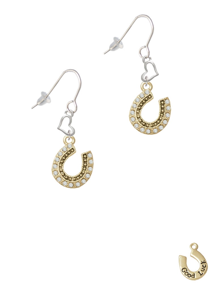 Beaded Clear Goldtone Crystal Horseshoe with Good Luck Heart French Earrings