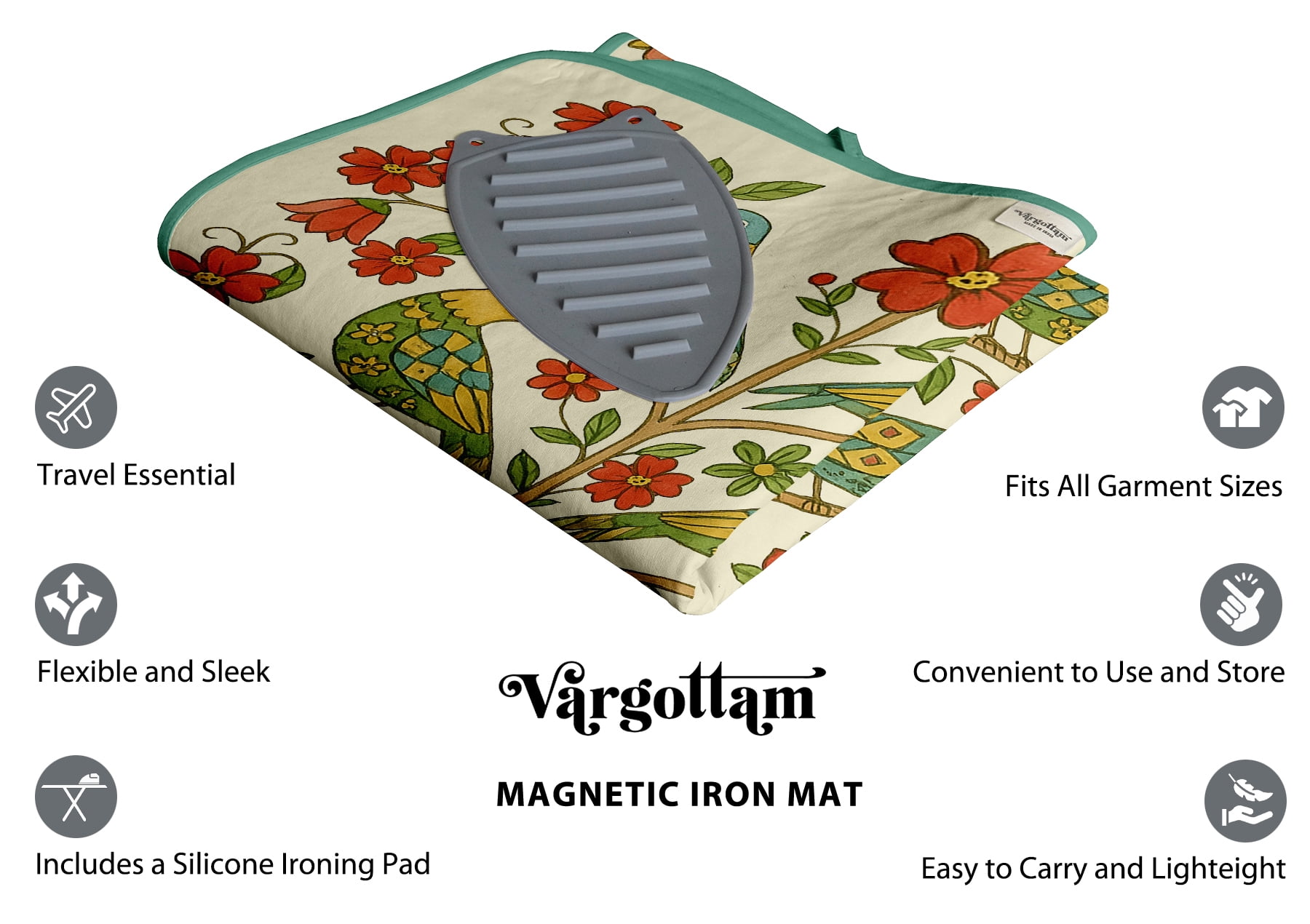 Vargottam Magnetic Ironing Mat - Foldable Cotton Iron Mat with Fiber Pad & Silicone Iron Rest - Portable, Washable, Travel-Friendly Ironing Board Alternative for Tabletop, Washer, Dryer - Bird