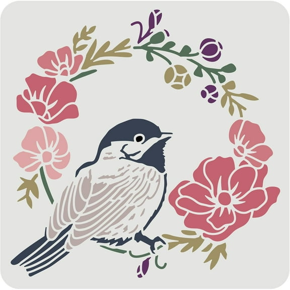 Bird Pattern Plastic Painting Stencils Templates 12x12inch Square Bird and Garland Drawing Reusable Stencil for Paint Craft Wall DIY Home Decor Wood Draw DIY