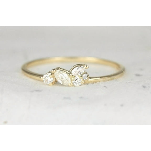 vylahjewellery Female Wedding Ring Delicate 14K Yellow Gold Guys Engagement Ring Marquise and Round Cut Moissanite Diamond Ring, Minimalist Stacking Promise Ring for Her