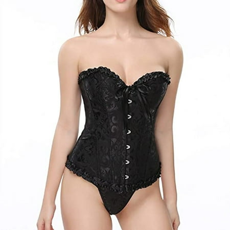 

SBYOJLPB Women s Shapewear Corsets Vintage Satin Floral Lace up Trim Sexy Shapewear Overbust Corset Sets black XL